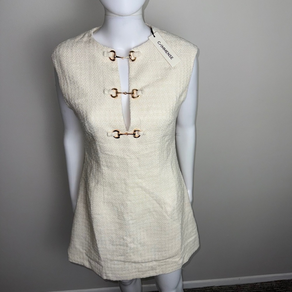 Commense Tweed Mini Dress Sleeveless Gold Buckle Detail Ivory Party Cocktail M - Picture 12 of 17